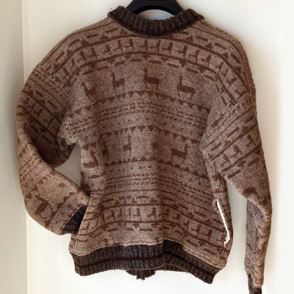 Wool Del Mundo Sweater Thick Llama Print Pockets Medium Vintage Boho Warm Unique
